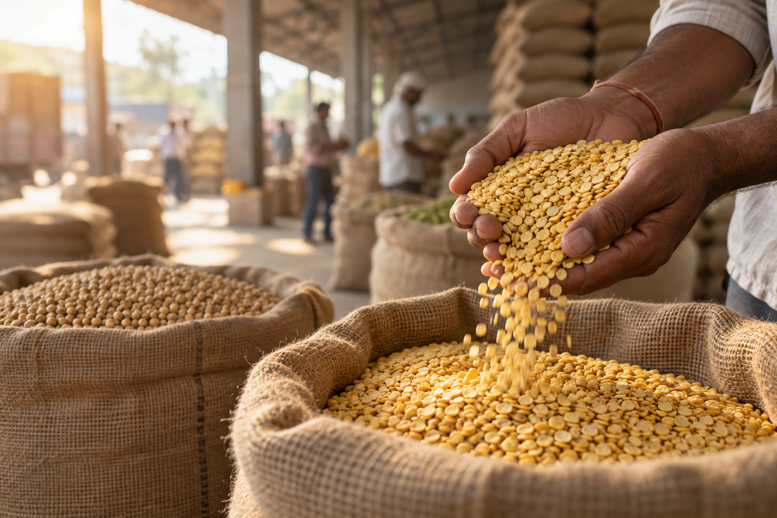 Pulses being inspected by hand in a grain warehouse